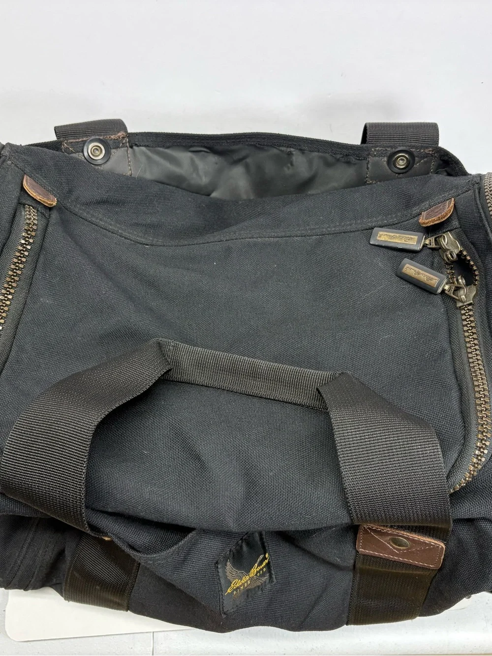 Vintage Eddie Bauer Carry On Duffel Gym Bag Luggage Black Canvas w/ Leather Trim